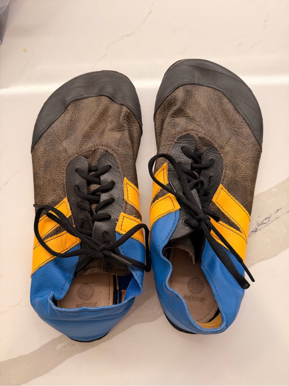 Casual Men's Brown Leather Soft Stars Primal Sneakers with Blue & Yellow Accents